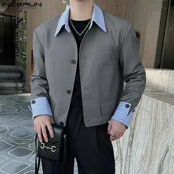 2023 Vīriešu Žakete Svītrainām Raibs Atloks ar garām Piedurknēm Pogas korejas Ikdienas Tērpi, Streetwear Modes Vīrietis Kultūru Svārkus S-5XL INCERUN