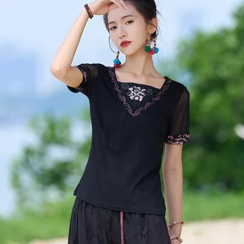 2023 ķīniešu tradicionālās t-krekls sievietēm, valsts ziedu izšuvumi etniskā krekls austrumu acu piedurknēm raibs retro bāzes krekls