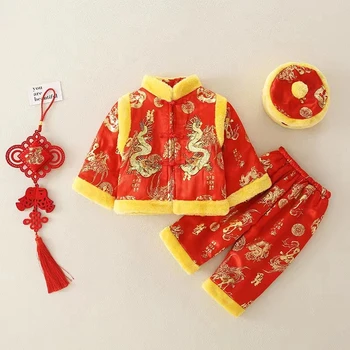 2023NEW Tang Ķīniešu Tradicionālo Tērpu Jaundzimušo Bērnu Zēniem Izšuvumi Ziemas Sarkana Jauno Gadu Dzimšanas dienas Dāvana Ziemassvētku Longsleeve