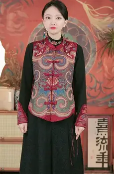 2024 valsts etnisko veste retro ziedu izšuvumi ķīniešu tradicionālās stand apkakli veste austrumu vintage tang uzvalks, veste