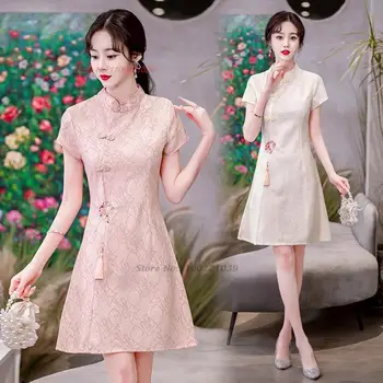 2024 ķīnas uzlabota qipao kleitu elegants mežģīņu cheongsam nacionālais zieds žakarda-line qipao retro, banketu vakara kleita qipao