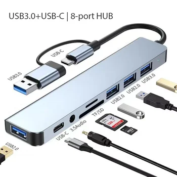 8in1 USB C RUMBAS C Tipa Adapteris Doka Stacijas USB Sadalītājs C Tipa USB OTG TF SD Karšu Lasītājs, 3,5 mm Jack Pārveidotājs Macbook Pro