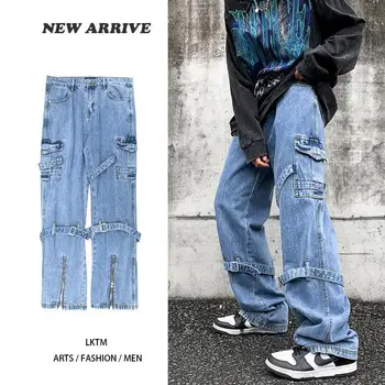 Amerikāņu retro rāvējslēdzēju džinsi vīriešiem vasarā mazgā un problemātisko ins valstu modes high street bikses dizaina nišu karstā ins