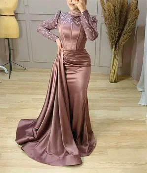 Ar Garām Piedurknēm Vintage Vakara Kleitas Sirēna Frēzēšana Satīna Elegants Arābu Hijab Oficiāls Pasākums Balles Kleitas, Drēbes De Soirée 2024