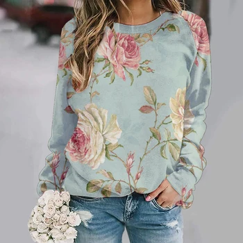 Augu ziedu iespiesti sieviešu long piedurknēm džemperis ikdienas džemperis top
