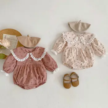 Baby Girl Apģērbu 2023 Jaunu Garām Piedurknēm Romper Kokvilnas Atlokiem Trīsstūris Hatney Jumpsuits Kāpšanas Jaunu Piedzimst Mazulis Priekšmetus Bodysuit