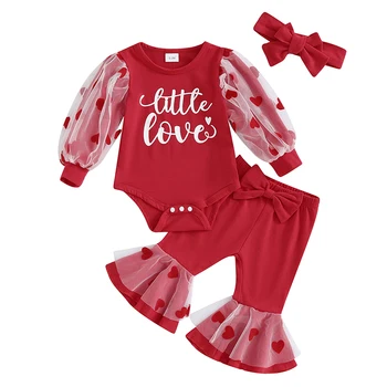 Baby Girl Valentīna s Diena Apģērbs Sarkanā Puff Piedurknēm Romper Bell Grunts Bikses ar Handband Uzstādīt Cute Drēbes, Valentīna