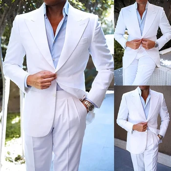 Balta Mens Slim Fit Uzvalki Maksimālā Atloks Groomsmen Smokings Oficiālu Kāzu Vīriešu Uzvalki (Žakete+Bikses)