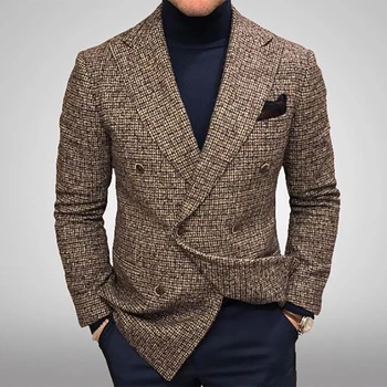 Biznesa Gadījuma Pleds Vienu-krūšu Uzvalks Jaka Vīriešu Elegants Kungs Britu Retro Stila Slim Profesionālās Formālās Valkāt