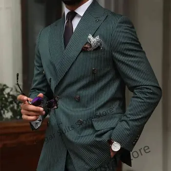 Biznesa Zaļā Svītrainām Luxuly Mens Slim Fit Uzvalki divrindu Kāzu Līgavainis Tuxedos Formālās 2 Gabali, kas Nosaka De Trajes Hombre