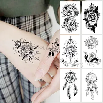Black Lotus Pagaidu Tetovējumiem Sievietēm, Meitenēm Reālistisks Sapnis Ķērējs Dahlia Spalvu Viltus Tetovējumu Uzlīmes, Roku, Ķermeņa Tatoos Indijā