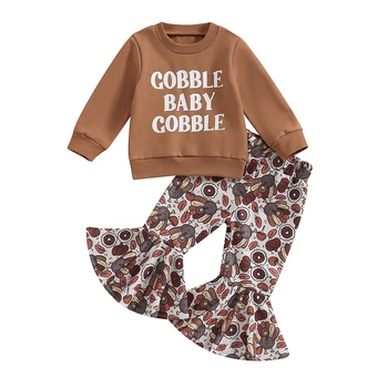 Bmnmsl Baby Girl 2gab Pateicības Apģērbu ar garām Piedurknēm Vēstuli Izdrukāt, Topi + Turcija Izlīdzināšanu Bikses Kopa Toddler Apģērbi