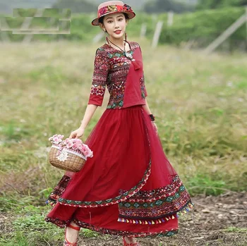 Brīvdienu nacionālā stila divu gabals sieviešu apģērbu jaunas kokvilnas un kaņepes augšējā acu pušķis svārki sarkans uzvalks pavasarī un Rudenī