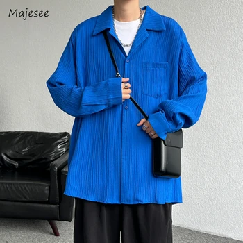 Brīvs Krekli Vīriešu Klein Zilā Krāsā Ar Garām Piedurknēm Vienu Krūtīm, High Street Korejiešu Stilā, Retro Papildu Pavasara Rudens Universāls Populārs