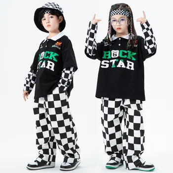 Bērnu Hip Hop Apģērbu Zēni Meitenes Streetwear Modes Deju Tērpu Komplekti Bērniem Pleds ar garām Piedurknēm T Bikses Tracksuit, lai Mazulis
