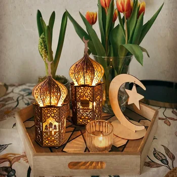 DIY Koka Pils Eid Mubarak Ornaments ar Led Ramadāna rotājums Mājās, Atbalsta Eid Mubarak Islāma Musulmaņu Puse Dekori 2023