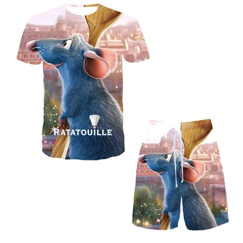 Disney Multfilmu Ratatouille T-Kreklu Komplekts Vīriešiem, Sievietēm Ar Īsām Piedurknēm Gadījuma Elpojošs T-Veida Topi Zēni Meitenes Bērniem Atdzist Īsās Bikses Uzvalki
