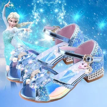 Disney Saldēti meitene sandales jaunas Elsa princese kurpes saldēti bērniem augstiem papēžiem Kristāla ikdienas apavi vizuļi maza meitene apavi