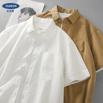 Dukeen Smagsvara Īss Piedurknēm Krekls Vīriešu Vasaras tīrtoņa Krāsu Atloks Kabatas Ikdienas Krekls Balts Kokvilnas Krekli