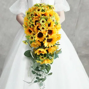 Elegants Ūdenskritums, Kāzu Pušķi, Puķes 55cm Garums Zelta Saulespuķu Mākslīgā Līgavas Pušķi Sieviešu Bouquet De Mariage