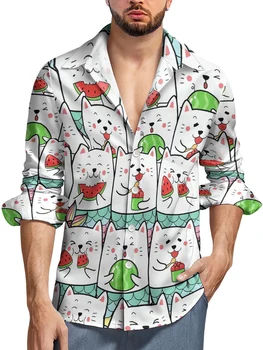 HX Modes Vīriešu Krekli Funny Dzīvnieku Kaķiem Ēst Arbūzu Iespiesti Krekls ar garām Piedurknēm Vīriešiem Beach Krekls Topi Camisas Dropshipping