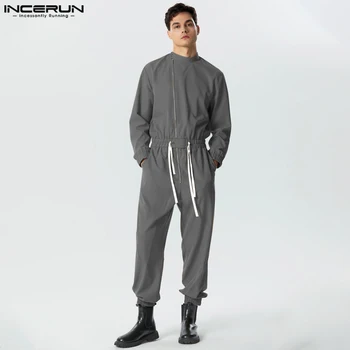 INCERUN 2023 Amerikāņu Stila Kombinezonus Stilīgs Vīriešu Rāvējslēdzēju Aukliņu Dizaina Jumpsuits Atpūtas Vīriešu Stabilu Ilgtermiņa Piedurknēm (Dungriņi) S-XL