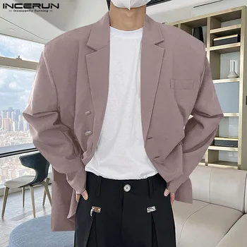 INCERUN Vīriešu Žakete tīrtoņa Krāsu Atloks ar garām Piedurknēm Pogas Streetwear Ikdienas Uzvalki, Vīriešu 2023 Sadalīt Pusē korejas Modes Plānas kārtas
