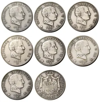 ITĀLIJAS VALSTIS, KARALISTES NAPOLEONS, Napoleona I, 5 Liras, 1808m-1813m 7pcs Sudraba Pārklājumu Kopēt Monētas