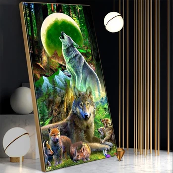 Jaunas Ielidošanas Mēness Vilks 5D Diy Dimanta Glezniecības Pilnībā Urbju Komplekts Dimanta Izšuvumi Mozaīkas Fantasy Green Dzīvnieku Ainavu Mākslas YG4283
