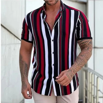 Jauns Vīriešu Krekli Modes Svītras Drukāt Īsām piedurknēm Tees Vasaras Topi Vīriešiem Savukārt-Apkakles Pogas Gadījuma T-kreklu apdruka Vīriešu Apģērbs