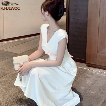 Jauns, Šiks Elegants Ikgadējā Sanāksmē Balto Kleitu Modes Sieviešu Cietā Kvadrātveida Kakla Biroja Dāma Darbu Franču Dizaina Garās Kleitas Vestidos