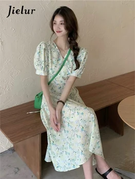Jielur Vasarā Jaunu Vintage Slim Ziedu Kleitas Salds Elegantas Dāmas Augsts Viduklis Kleita Sieviete Zaļā, Rozā Puff Piedurknēm Kleita Sieviete