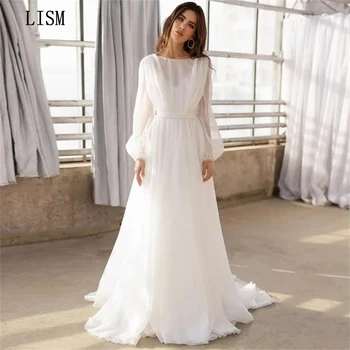 LISM Balts Elegants Kāzu Tērpu Šifona Ilgi Līgava Kleita Ar garām Piedurknēm Backless Dzemdību Līgavas Kleitas Pasūtījuma