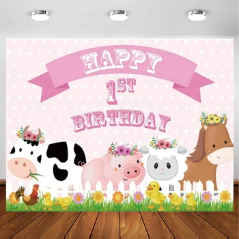 Laimīgs 1. Dzimšanas dienu Fotogrāfijas Fons Karikatūra Zoo Saimniecības Cūku Govs Ziedu Fona Toddler Zīdaiņu Pirmo Princese dod priekšroku Puse