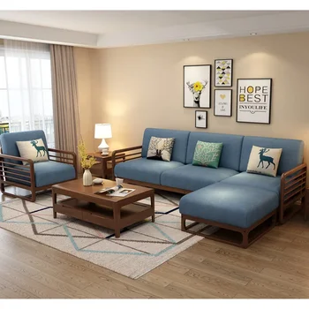 Loveseat DĪVĀNS Ziemeļvalstu radošo auduma dīvāns kombinācija vienkāršu, modernu auduma dīvāns pilna masīvkoka dīvāns kombinācija