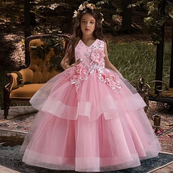 Meiteņu Izšūtu Pērļu Princese Kleita 4-12 gadus Veciem Bērniem ir Ziedu Ilgi Acs Kleita Halloween Banketa Uzņēmēja Vakara Kleita