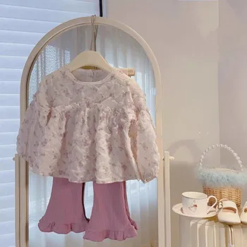 Meiteņu Tērpi Rudens Pavasara garām Piedurknēm Ziedu Krekls+Uzliesmojuši Bikses Divas Gabals, kas Baby Girl Apģērbs Komplekti Bērnu Apģērbu 2 3 4 5 6 7Yrs