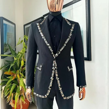 Melna Kāzu Uzvalki, Vīriešu Formālu Līgavainis Valkā Smokings 2 Gabali Rhinestone Robots Atloks, Žakete, Bikses Jaunāko Dizainu, Vīriešu Apģērbs