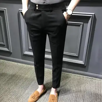 Moderns Vīriešu Bikses Slim Fit Taisni Modelis Vīriešu Bikses Tīrtoņa Krāsu Potītes Garums Devītā Uzvalku Bikses Vīriešu Apģērbs