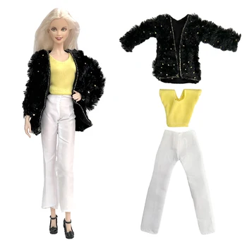 NK 1 Iestatiet Modes Melns Mētelis +Top +Balts Trouseres Barbie Lelle Dāmu Apģērbu Ikdienas Apģērbs 1/6 Lelle Bērniem Rotaļlietas Piederumi
