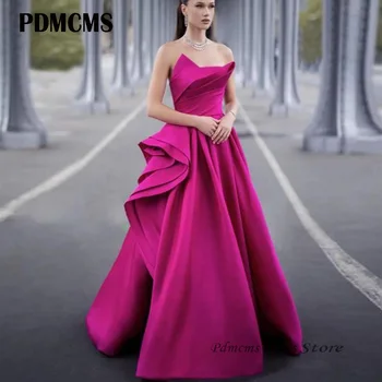 PDMCMS Fuschia Satīna Līnijas, vakartērpi, Dubaija Saūda arābu Sievietes Puses Oficiālu Kleitas Garo Balles Kleitu Vestido de fiesta 2024