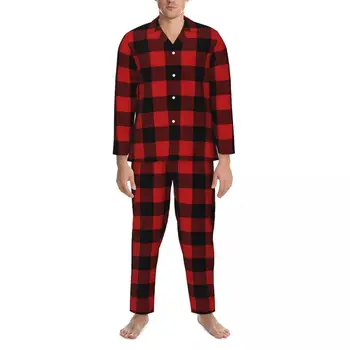 Pidžamas Vīriešu Sarkanā Un Melnā Krāsā Izšūta Atpūtas Sleepwear Šaha 2 Gabali Gadījuma Pidžamas Komplekts Ar Garām Piedurknēm Lielgabarīta Mājas Tērps