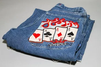 Pokera Grafiskajā Izšuvumi Baggy Džinsi Y2K Plata Kāja Zila Vintage Streetwear Džinsa Bikses Goth Hip Hop Vīrieši, Sievietes Bikses Karstā