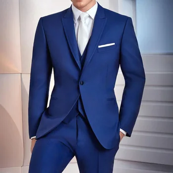 Royal Blue Kāzu Uzvalku Līgavainis Valkā Uzņēmējdarbības Vīriešu Uzvalki 3 Gabals Slim Fit Sasniedza Atloks Vīriešu Modes Jaka ar Bikses, Vestes