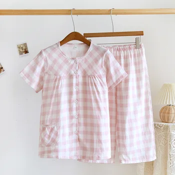 Rozā Krāsa ir Apgriezts Bikses Pidžamas Tērps 2023 Vasaras Jaunākās Kokvilnas Pleds Dizaina Sieviešu Īsām Piedurknēm Capri Mājas Sleepwear Komplekts