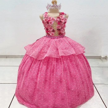 Rožu Sarkana, Spīdīga Puķu Meitenes Kleita O-veida Kakla Princese Bumbu Kleita Aplikācijas Kristāli, Pērlītes 3DFlower vestidos para niñas