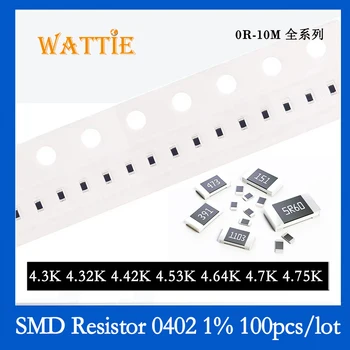 SMD Rezistors 0402 1% 4.3 K 4.32 K 4.42 K 4.53 K 4.64 K 4.7 K 4.75 K 100GAB/daudz chip rezistori 1/16W 1.0 mm*0.5 mm