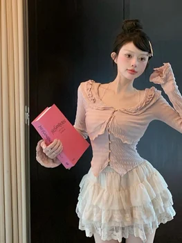 Salds baleta stila garām piedurknēm T-krekls sievietēm ir korejas modes tendence nelegālo sēne īss top mežģīņu kūka svārki uzvalks estētisko