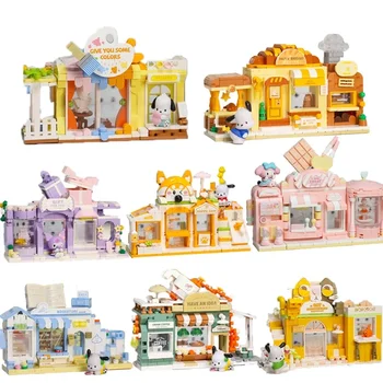 Sanrio Jaunu Ēku Bloku Radošo Karikatūra Pochacco Kuromi un Cinnamoroll Street View Puzzle Rotaļlietas Modeli, Bērnu Dzimšanas dienas Dāvanas