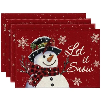 Sarkanā Sniegavīrs Let It Snow Ziemas Ziemassvētku Brīvdienu Buffalo Pleds Ziemassvētki Koki, Jaunā Gada Rotājumi, Placemats